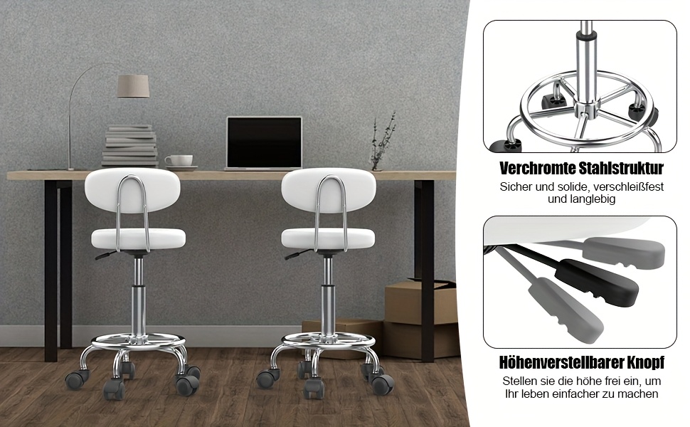 ergonomic swivel stool with backrest - height-adjustable rolling office chair, 360° rotation & memory foam cushion - heavy-duty metal base with non-slip casters - for salon, massage, spa, home - white (49.02cm-61.47cm) - easy-to-clean stool, spa furniture,  , durable construction, massage therapists Product details 2