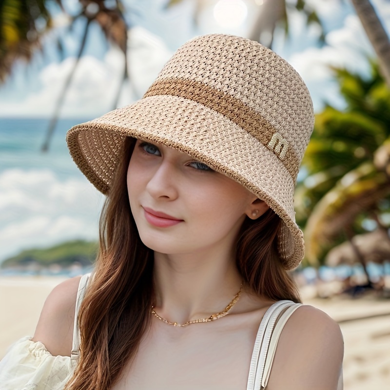 Thin Breathable Straw Bucket Hat Solid Color Summer Sun Hats Elegant UV Protection Beach Hats for Women Girls,SUN/UV Protection,Temu