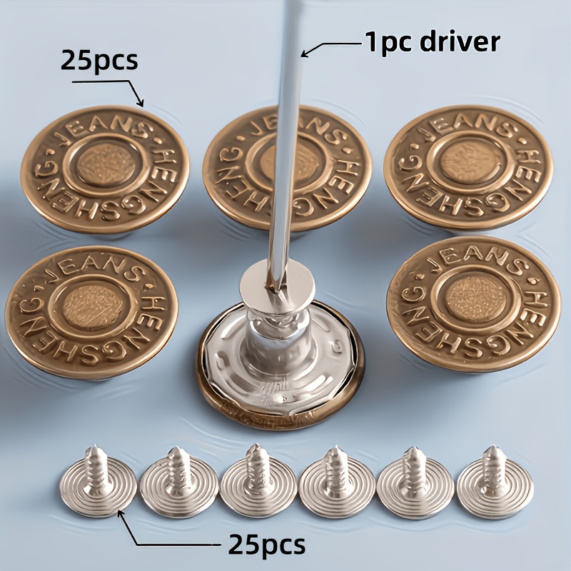 TEMU 51pcs, Including 25pcs Buttons, 25pcs Screws And 1pc Screwdriver. Are Jeans Buttons, Adjustable, Removable And Seamless Metal Buttons For