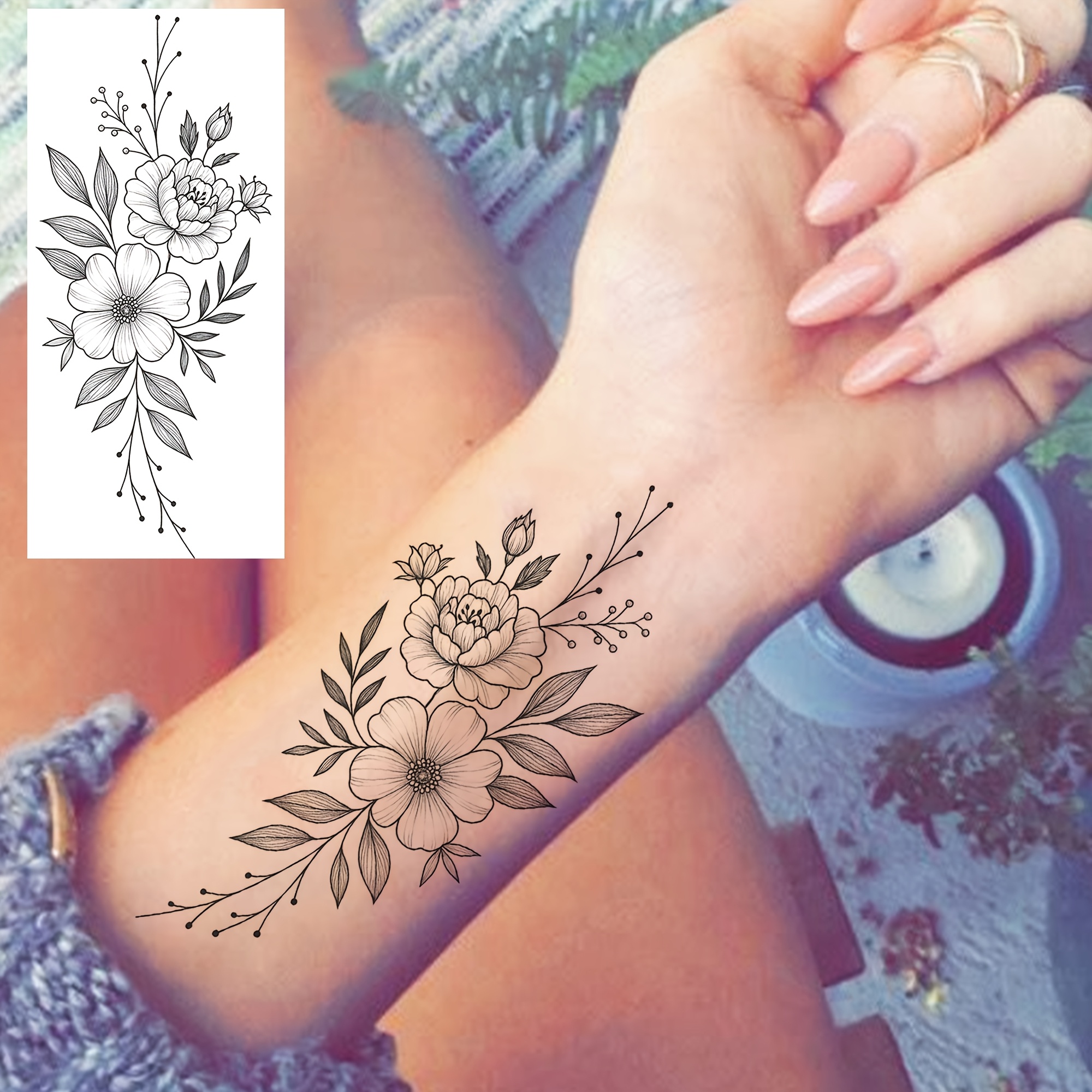 1 Sheet Peony Temporary Tattoos For Women Men Hands Finger Foot Neck Waist Legs Thigh Forearm Shank Half Sleeve Arm, Temp Fake Tattoo Stickers Waterproof Long Lasting Realistic Tatoos