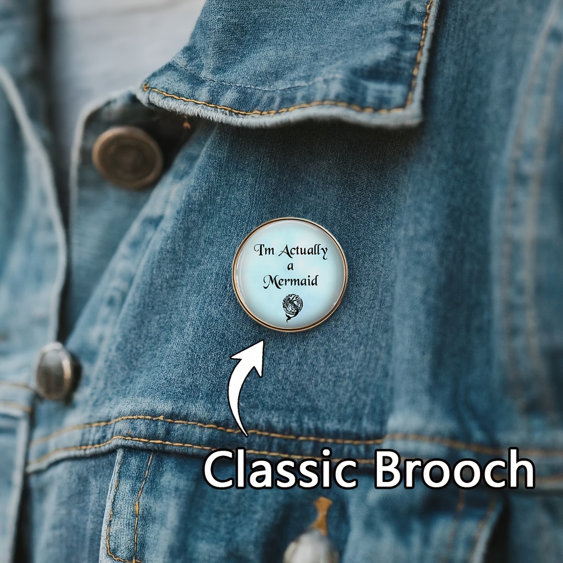 TEMU 1pc Packaging, Color Schoolbag Sweater Accessory Brooch Pin, Blue Round Badge With "i Mermaid" Text And Mermaid Pattern, Simple And Cute Design,