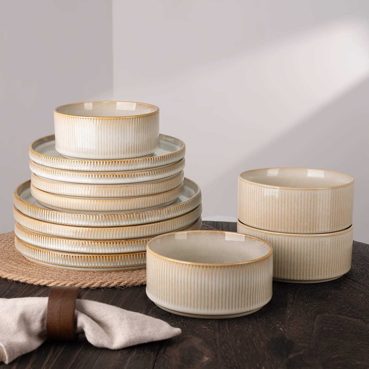 TEMU Richmount 12pcs Stoneware Dinnerware Sets, Round Plates And Bowls Set For 4, Dishwasher And Microwave-safe, Cappuccino White