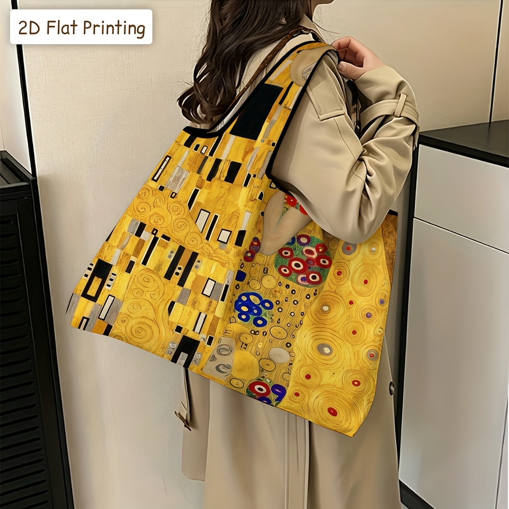 TEMU 2d Flat Printing, 1pc Capacity Portable Shopping Bag, Oil Painting Kiss Lightweight And Foldable Tote Bag For Shoulder Or Hand Carry For Living