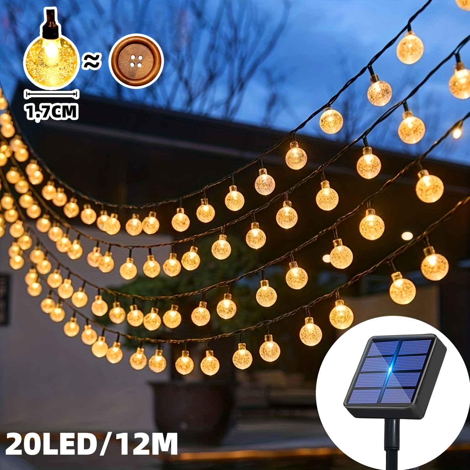 1 Pack Solar String Lights Outdoor With Smart Sensor & Dimmable, 20 Led Suitable For Christmas Tree, Wedding, Garden, Balcony Lights, Solar Lighting For Parties, Camping, Dimmable Light