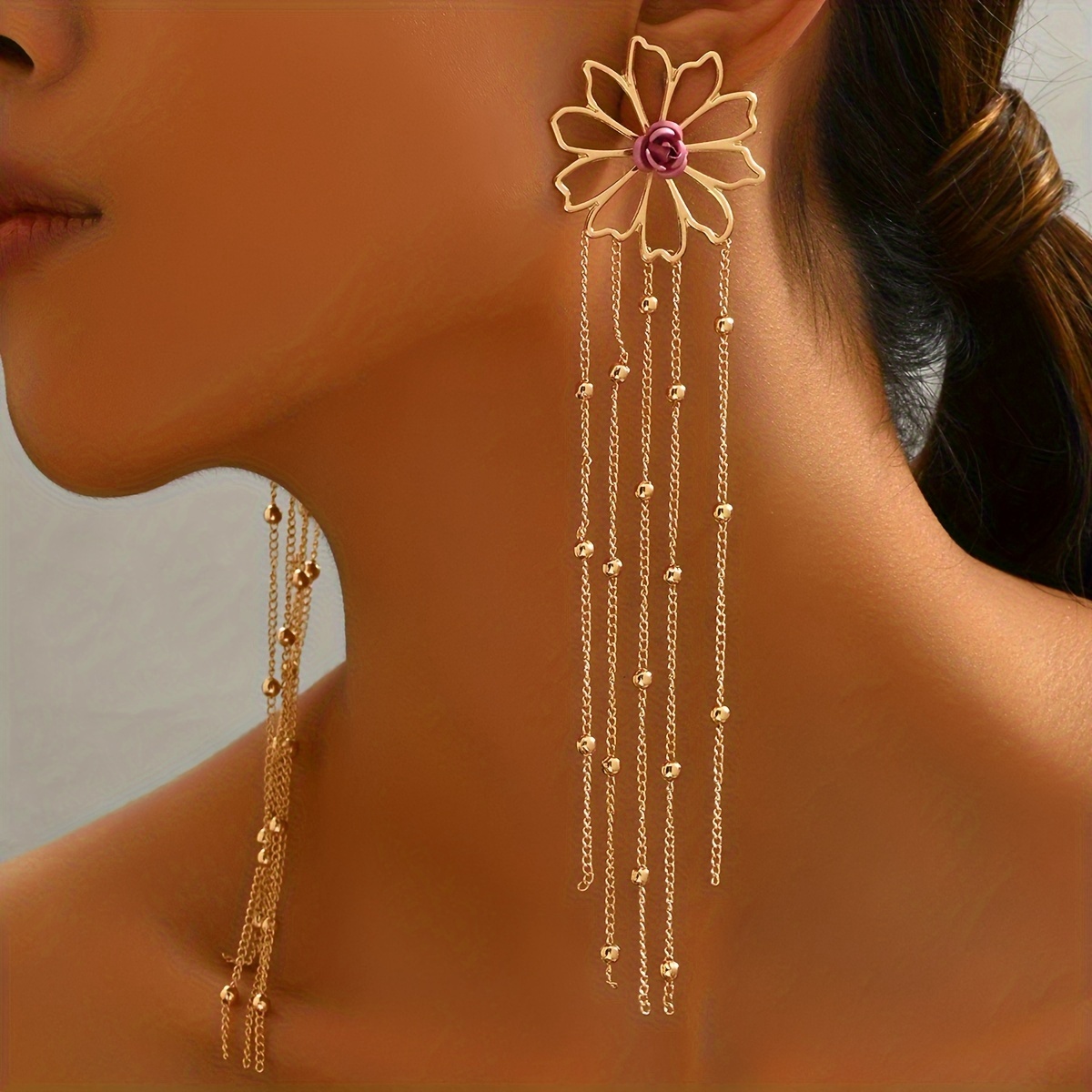 1 Pair Of Women's Fashion Drop Earrings, Vintage Hollow-out Flower Tassel Long Ear Studs