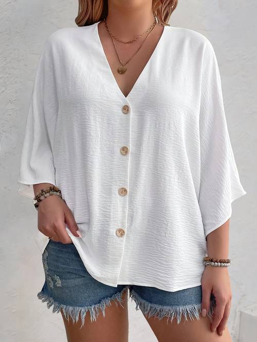 womens plus size v neck long sleeve blouse button front soft polyester fabric relaxed fit for