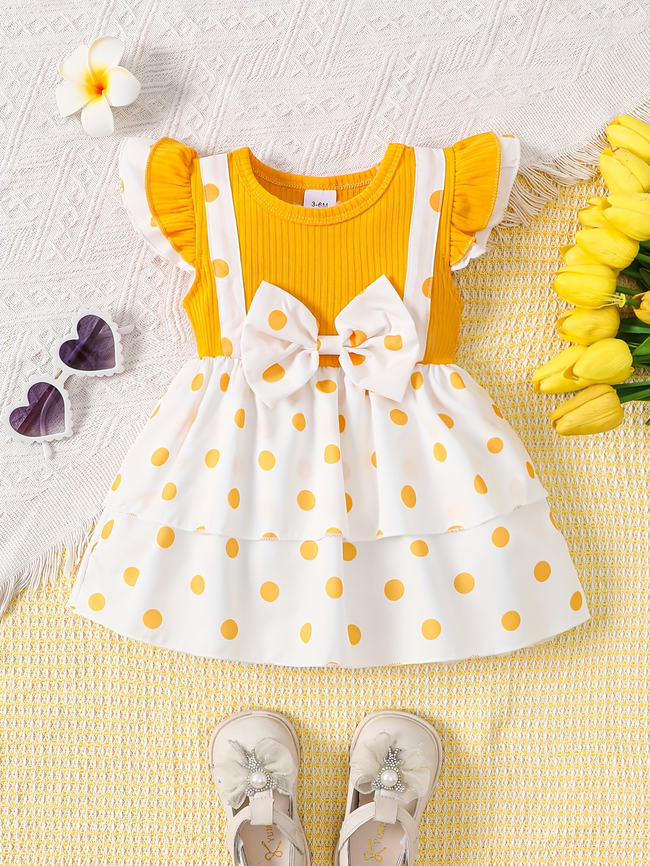 baby girls white yellow polka dot dress short Temu Mauritius - Main Image