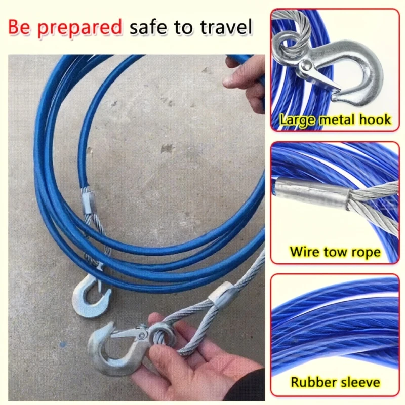1 roll 5m steel tow rope with hooks heavy duty car recovery cable 122lb breaking strength for towing and winching vehicle external accessories details 6