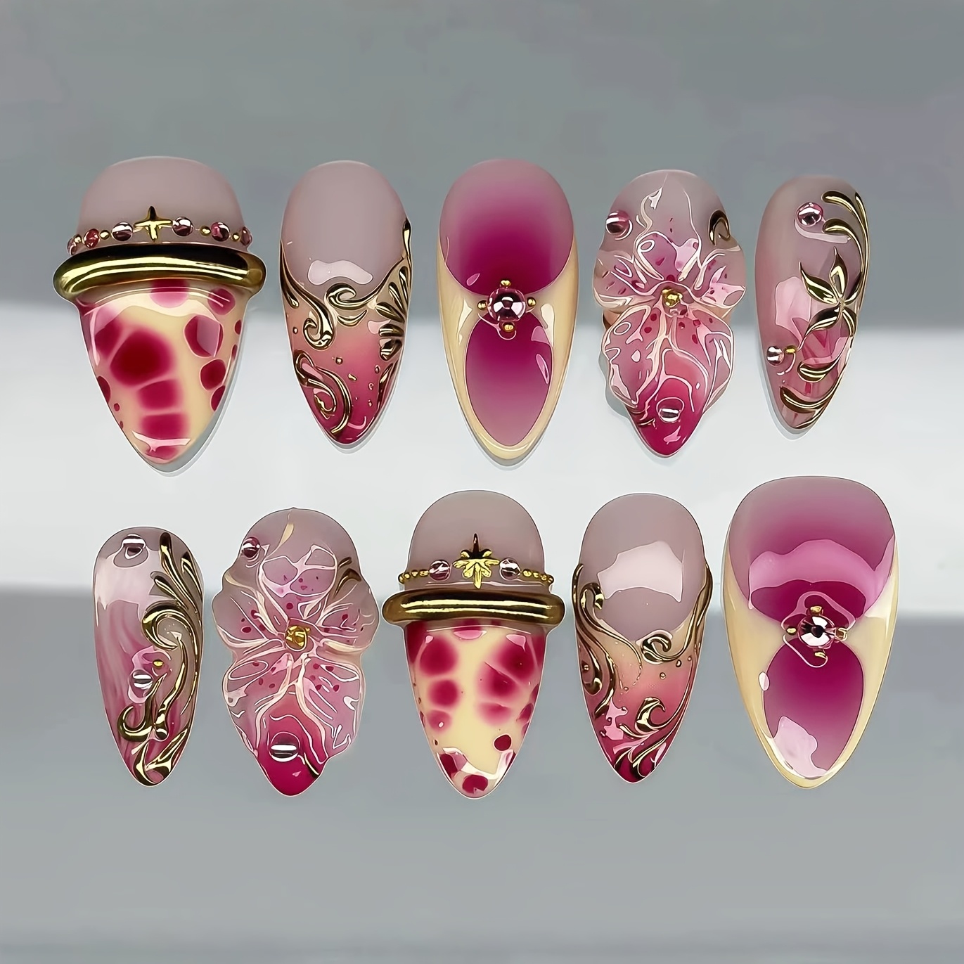 TEMU Danartlux 10pcs Medium Long Almond Press-on Nails Ombre 3d Golden Chrome Flower Pink Rhinestone Accent Elegant Reusable Press-on Nails Set Nail