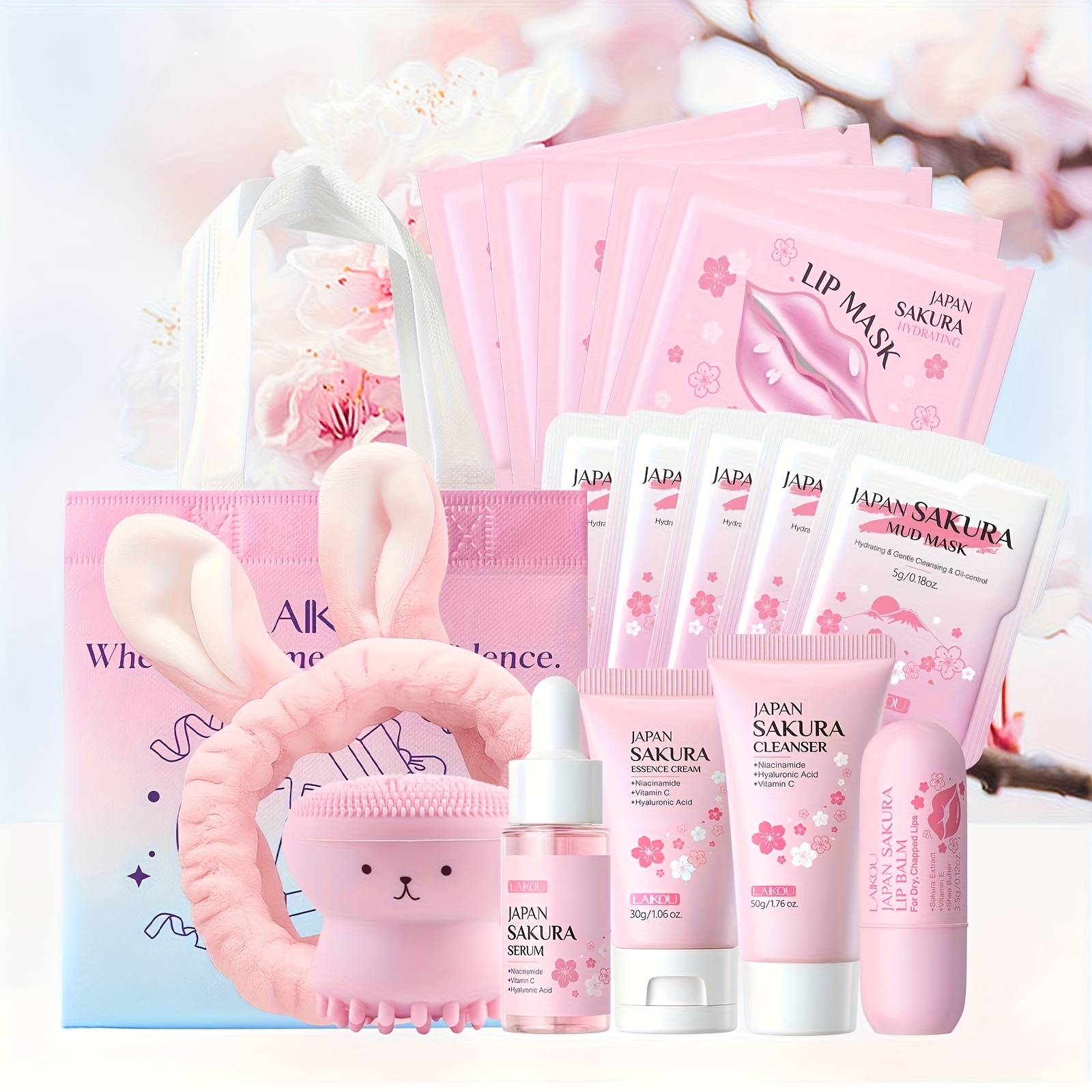Image of 17pcs Laikou Sakura Skincare Set, With Facial Cleanser, Serum, Moisturizing Cream, Lip Mask, Lip Balm, Mud Mask, Hair Band, Cleansing Brush, Gift Bag, Christmas Valentines Day Birthday Gift Option