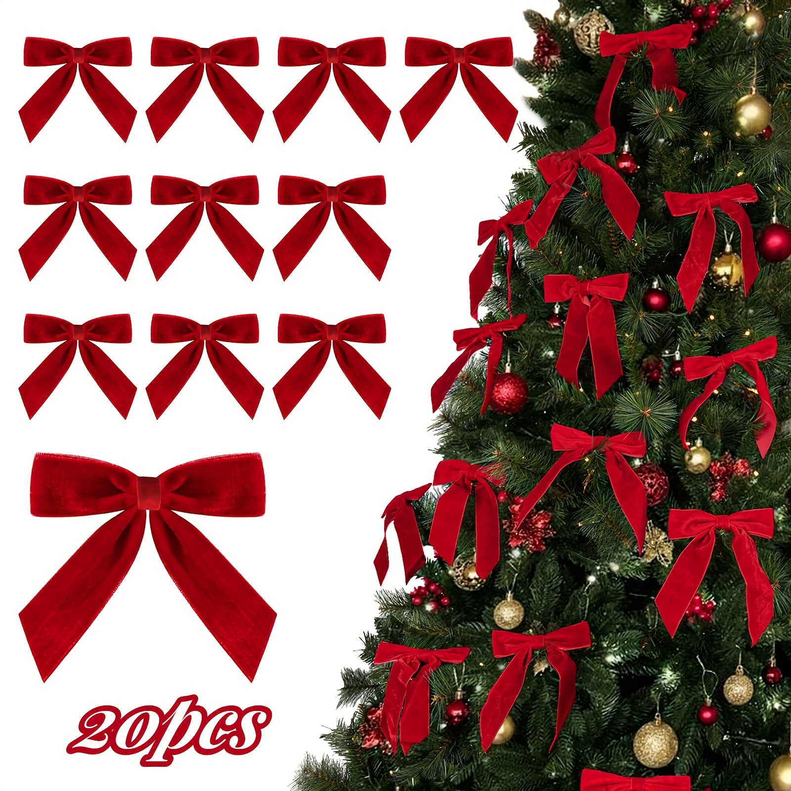 TEMU 10/20pcs Christmas Decorations - Christmas Bows - Red Velvet Bow Christmas Tree - Burgundy Christmas Ribbon Ornaments - Wreath Home Decor Gift