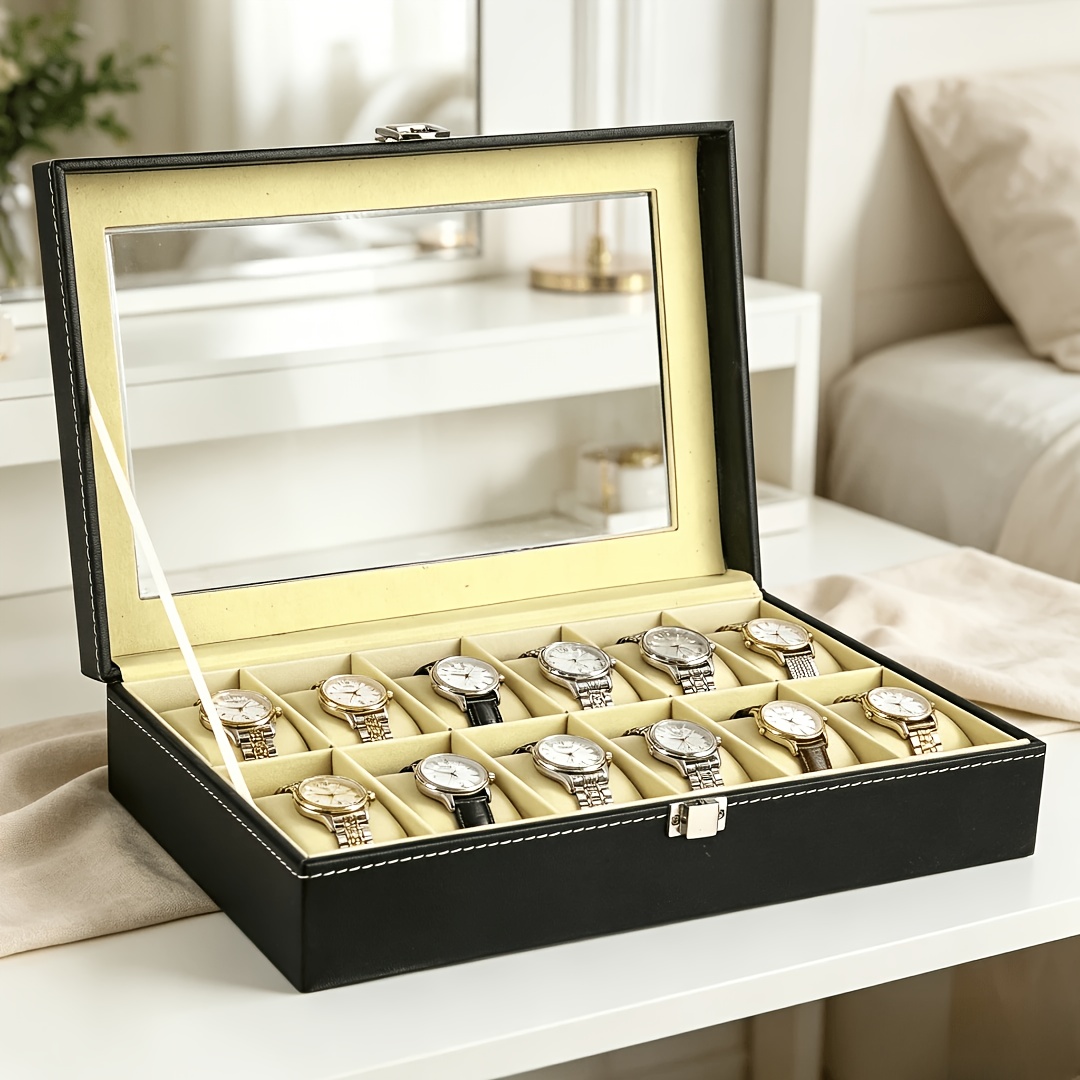Elegant Black Faux Leather Watch Box With 12-slot Design And Wide Glass Lid, Dust-proof Display For Clear Visibility, Ideal For Storage And Gifting, Texture, For Watch Enthusiasts