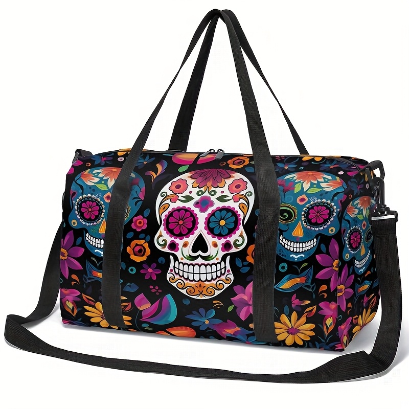 TEMU Vibrant Skull & Floral Mandala Print Travel Duffel Bag - Durable Polyester, Machine Washable, Ideal For Sports, Yoga & , Colorful Design, Travel Ba