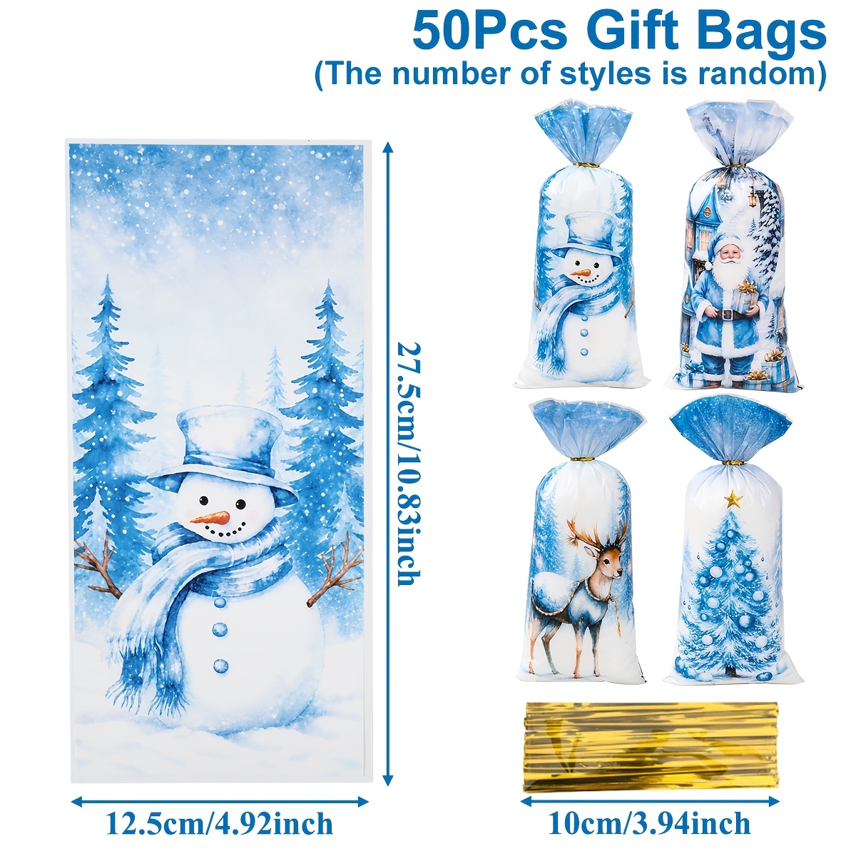 TEMU Lot de 50 sacs cadeaux sur le thème de Noël style aquarelle bleue (style aléatoire), sacs d'emballage cadeau à motif de neige, fournitures pour