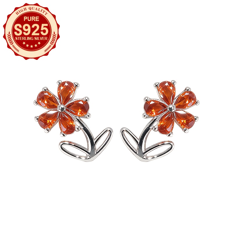 Women's S925 Silver Flower Earrings with Synthetic Zirconia Inlay