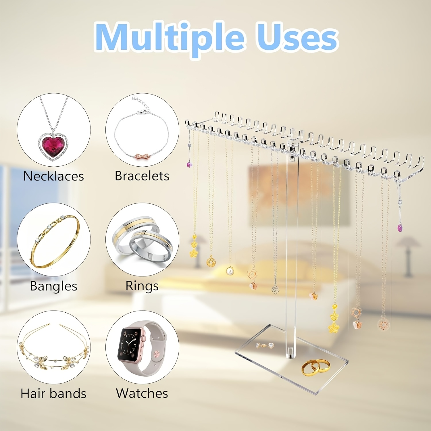 Acrylic Necklace Organizer, Clear Necklace Holder Stand, Jewelry Organizer Display Hanger Rack With Bilateral Hooks For Necklaces Pendant Bracelets Ring, Jewelry Towers