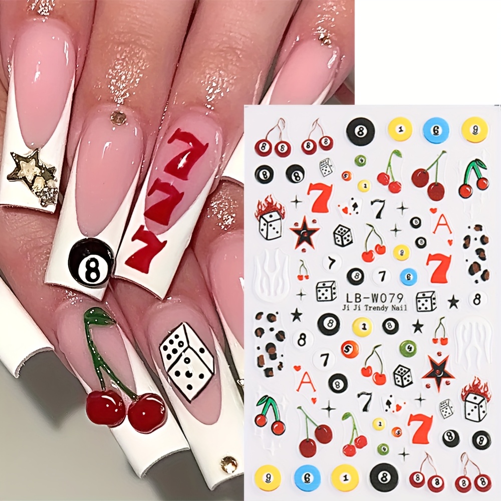 

2 Pack Y2k Nail Art Stickers, Cartoon Cherry Leopard Stars Billiards Playing Cards, 3d Self-adhesive Plastic Nail Embellishments, , Single Use, Embroidered Look, Rectangle Shape, For Diy Manicure