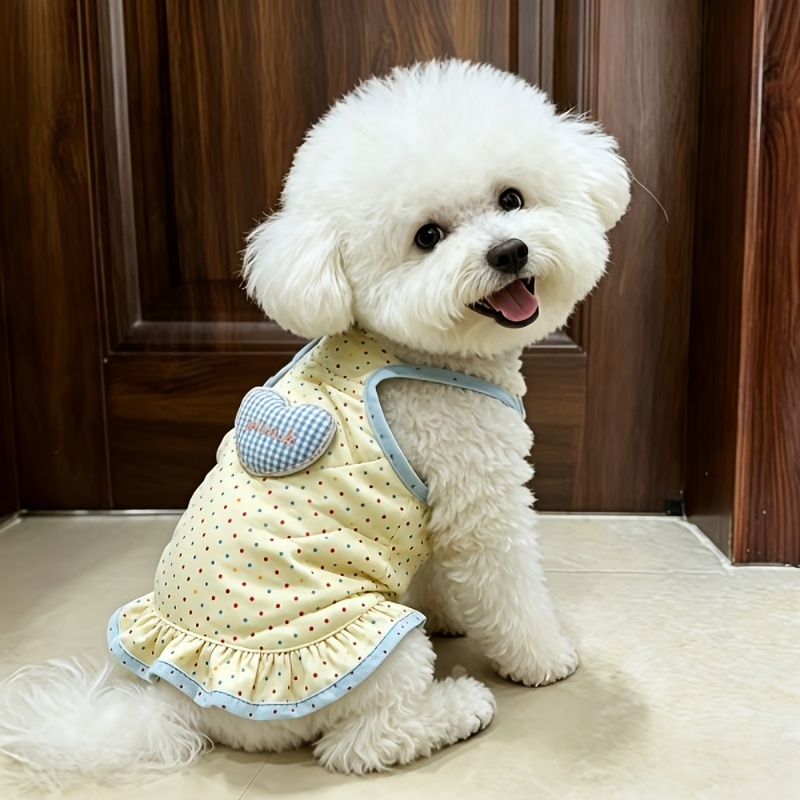 TEMU 1pc Colored Polka Halter Camisole Dress, Gingham Heart "blue" Embroidery Decor Hem Dog Tank Top, Lightweight Summer Puppy Clothes For Teddy