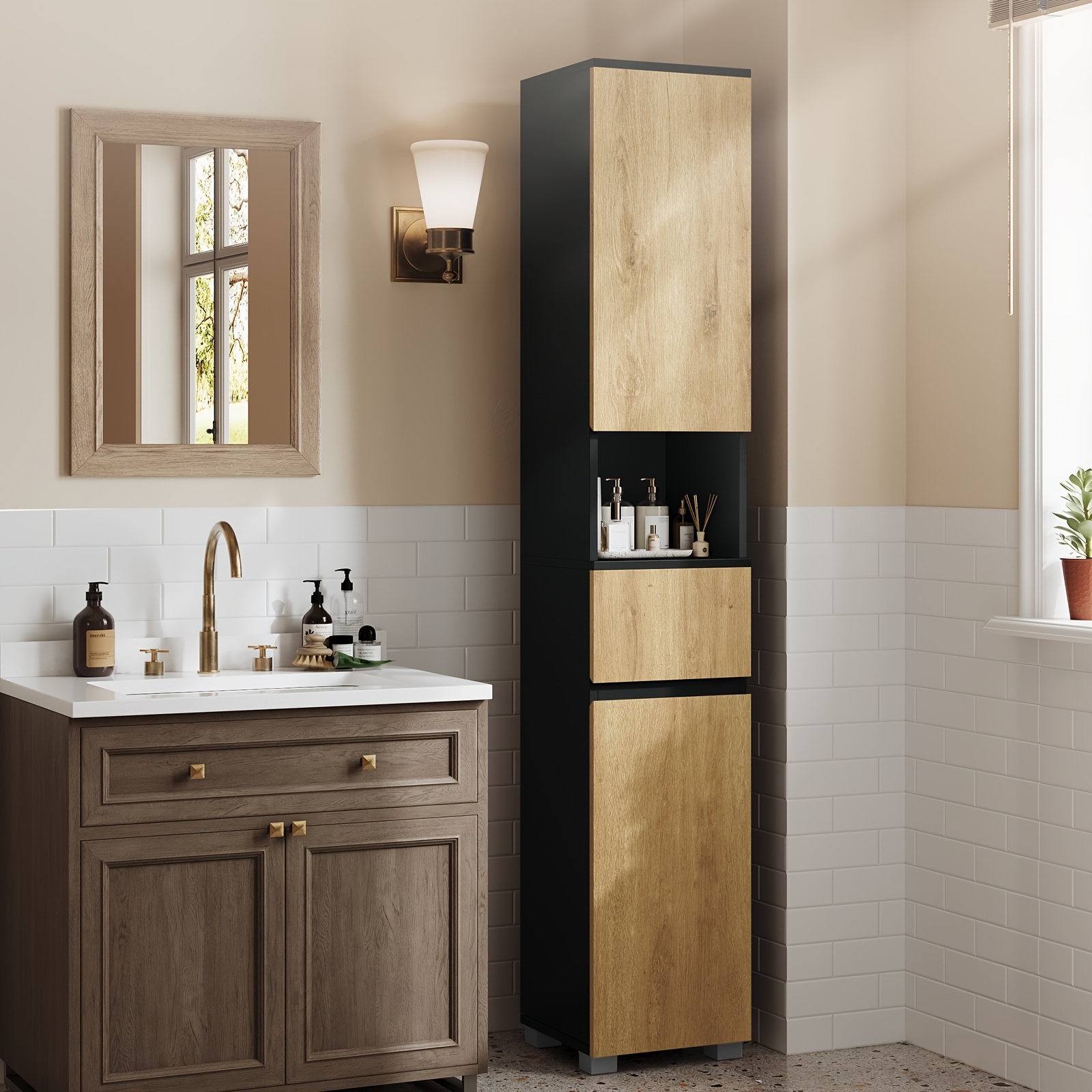 Bathroom Cabinet, Bathroom Furniture With Drawer, Adjustable Shelves, Open Compartment, 30 X 30 X 170.2cm