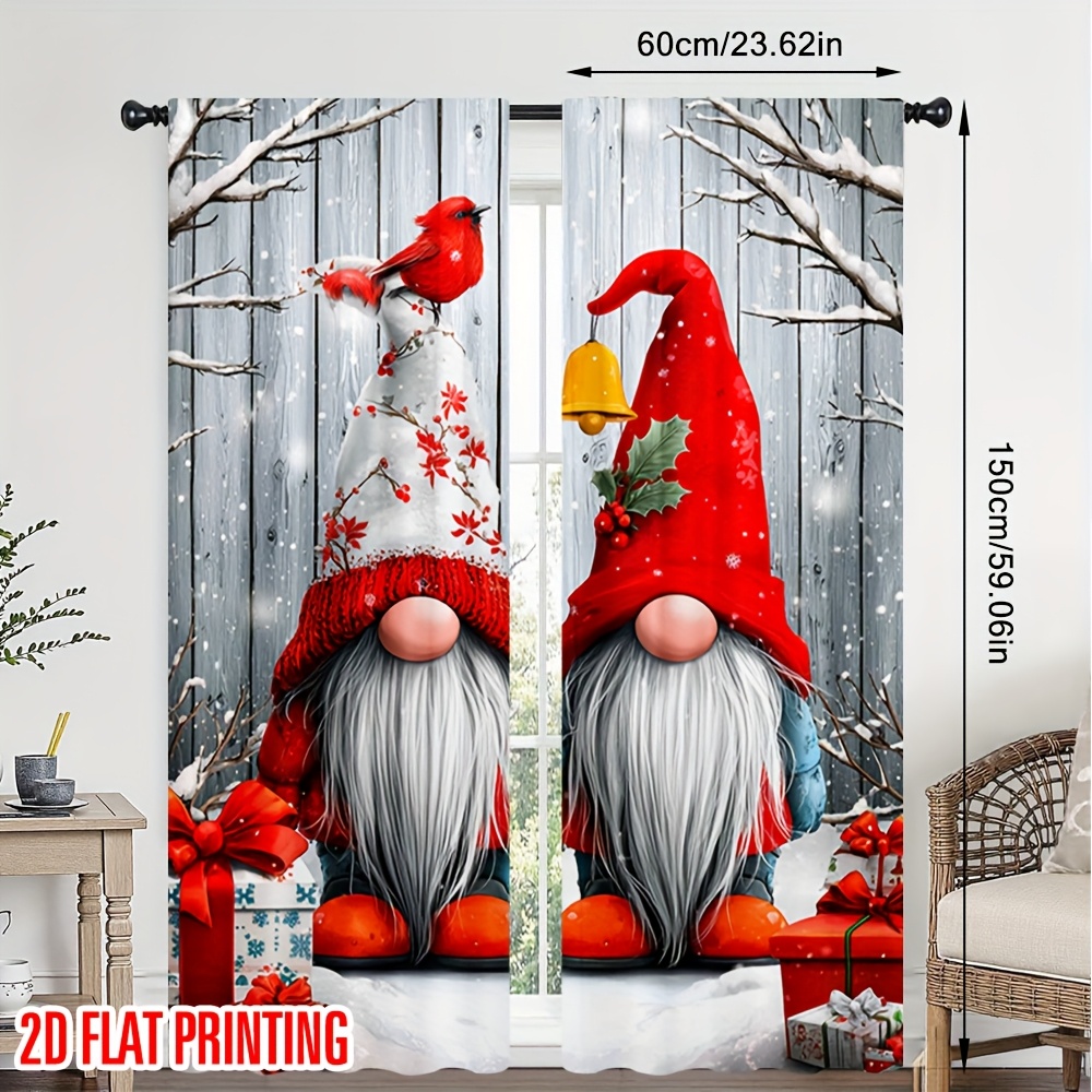 TEMU 2d Flat - 2d Flat - Set Of 2d Printed Curtains Featuring Adorable Christmas Gnomes, Made Of Polyester, Suitable For Spaces Like The Living Room,