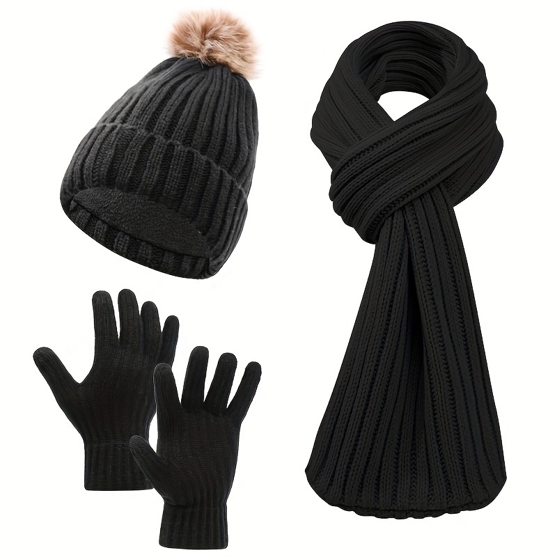 

Women's 3pcs Winter Set: Cozy Fleece-lined Knit Beanie, Scarf & Gloves - Stretchy, Lightweight, Solid Color