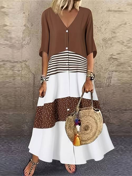 elegant color block long dress with button decorations v neck three quarter sleeve and polka dot print versatile casual dress for adult casual wear dress polyester fabric