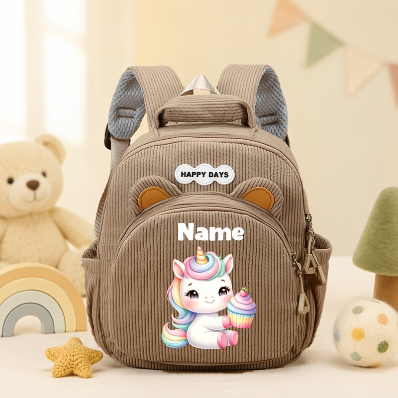 TEMU New Fashionable Customizable Name Back-to-school Backpack, Corduroy Material , Personalized Name Printing! Cartoon Sweet Unicorn Print Full Of