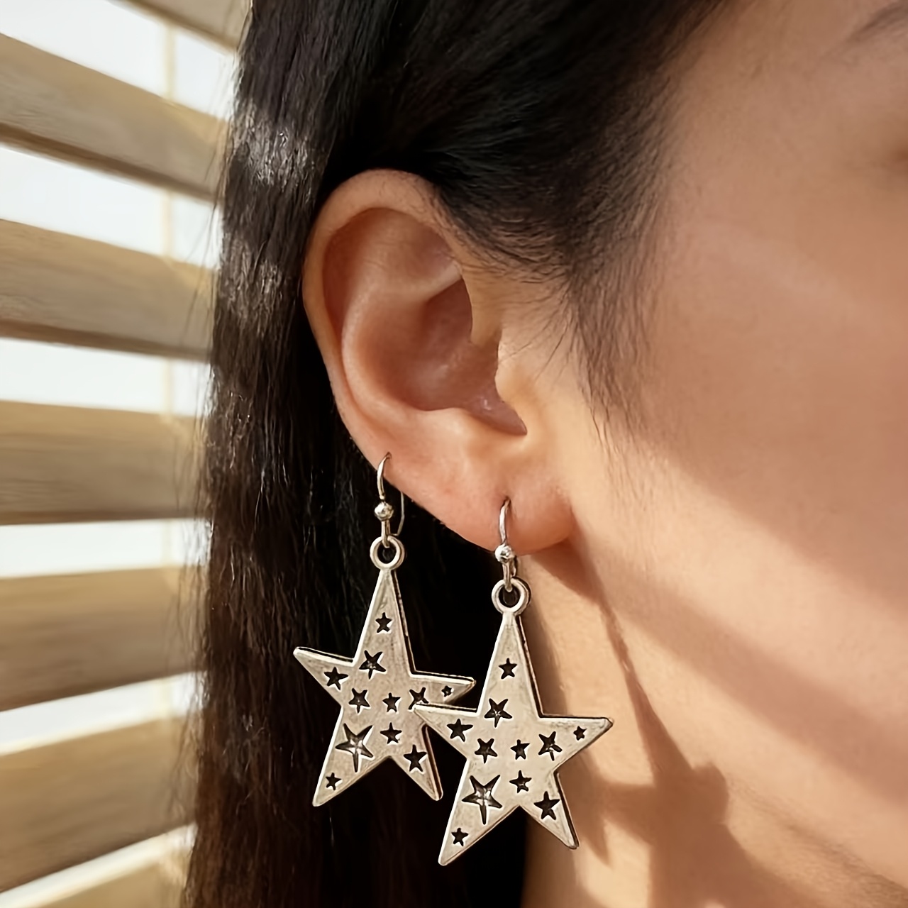 Women's Vintage Distressed Starburst Pentagram Dangle Earrings