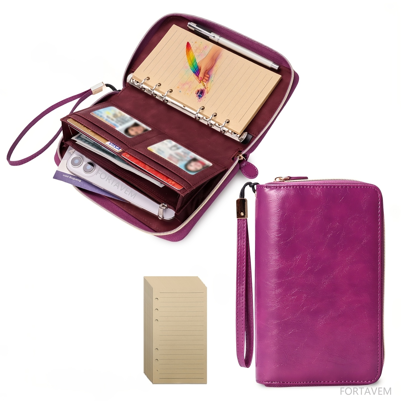 TEMU A6 Pu Leather 6-ring Zipper Binder, Folder, Smart Phone Bag, Women's Padfolio Wallet, Built-in Notebook Cover, Card & Passport Holder, Office