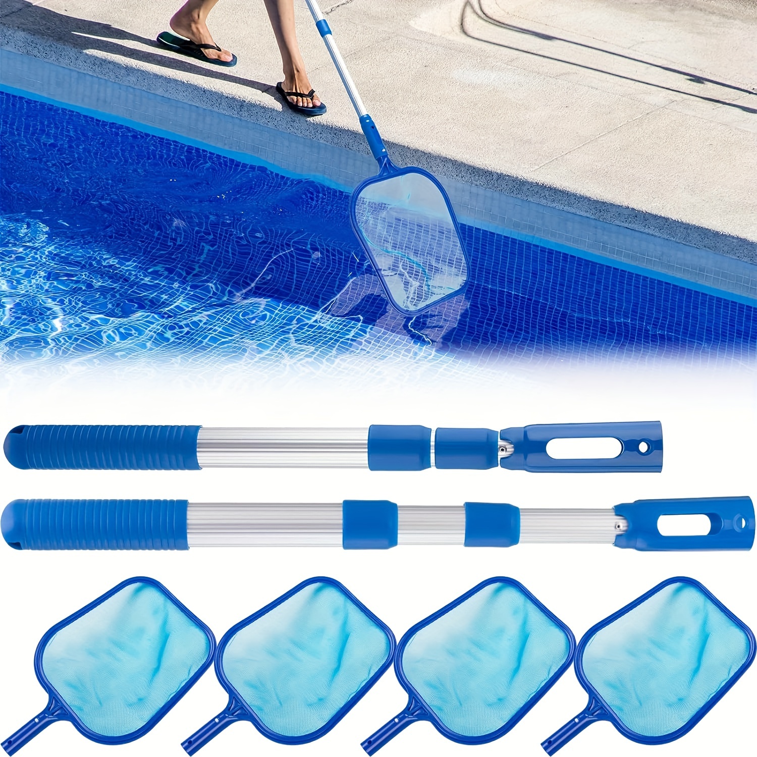 4 Packs, Pool Skimmer Net Pool Nets For Cleaning Fine Mesh Pool Leaf Net  Skimmer And 2 Pcs Adjustable Telescopic 3 Section Poles For Above Ground  Pond