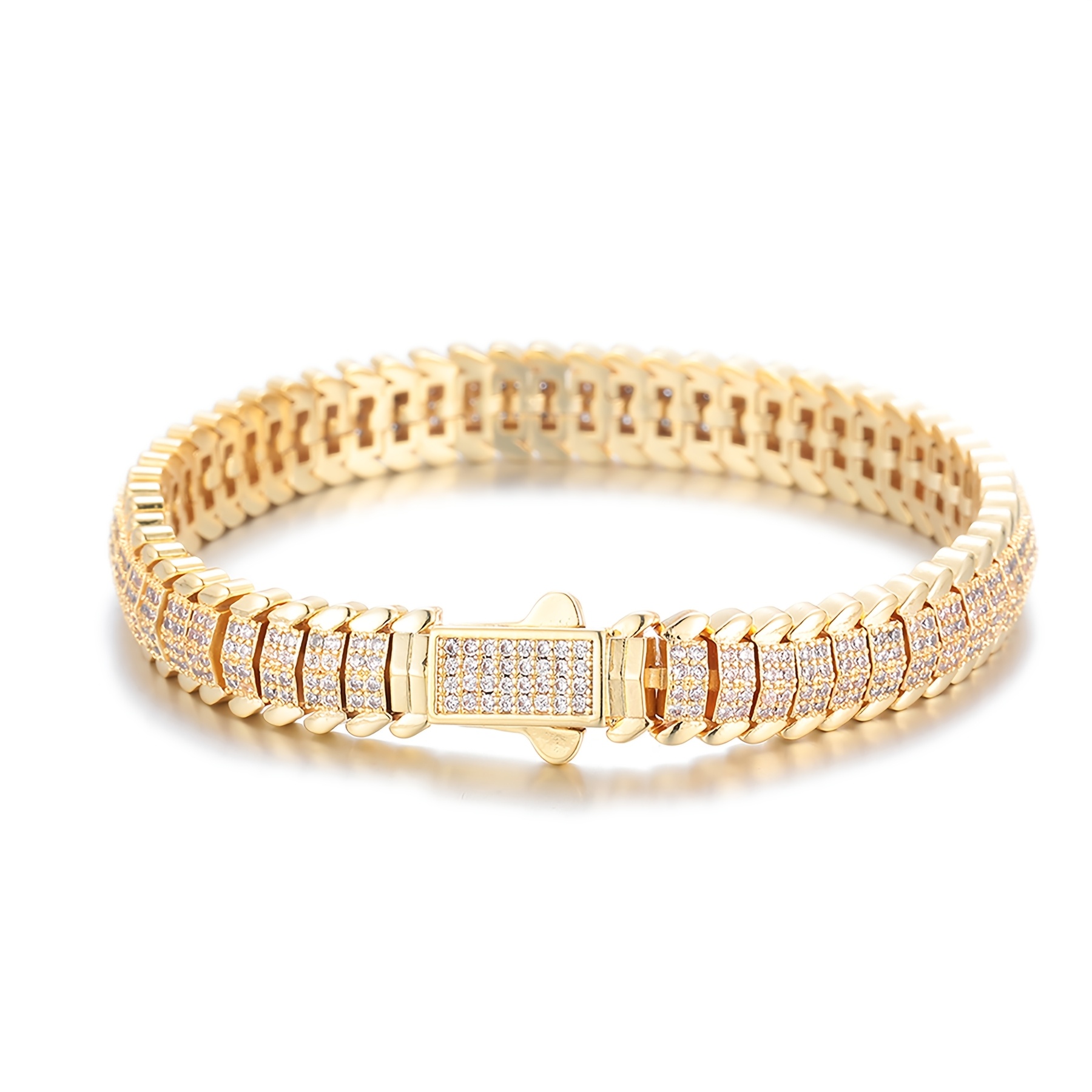 TEMU 1pc 9mm Snake Bone Polygonal Hip Hop Bracelet - Golden-tone With Sparkling Synthetic Stones, Unisex For Christmas, Valentine's Day, Birthdays &