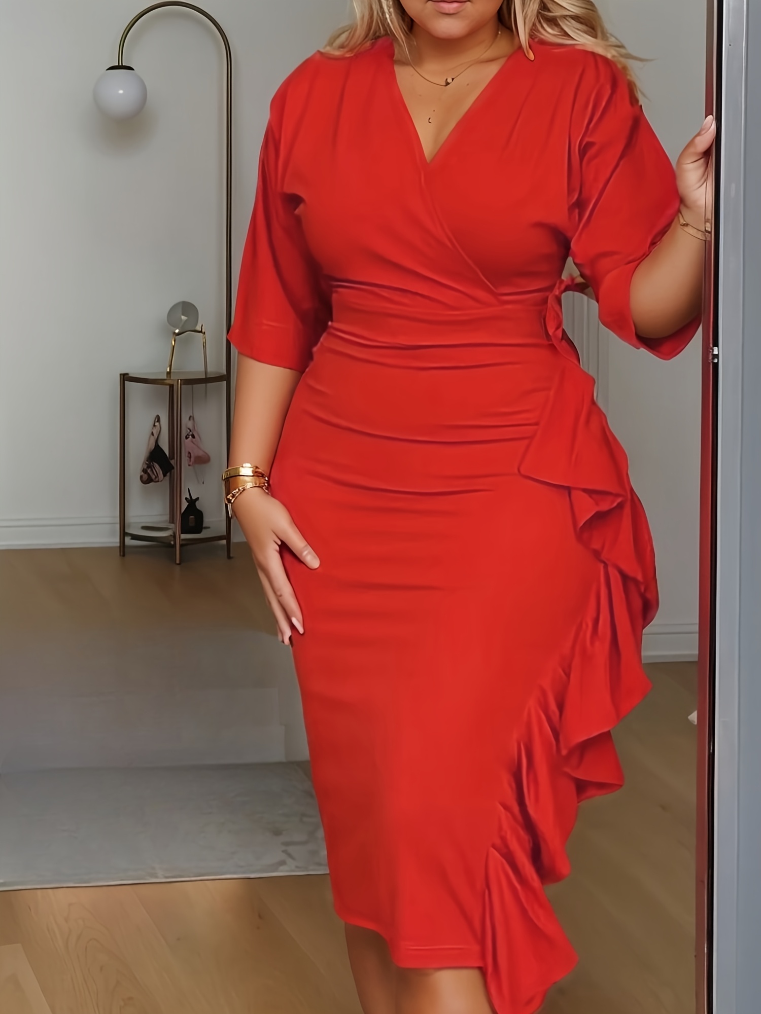 Plus Size, 2025 New Plus Size Women's Solid Color Dress, Elegant V-Neck with Back Zipper and Slit Hem Hip-Hugging Design