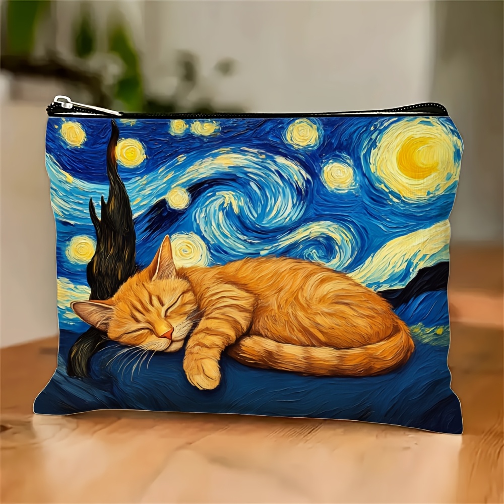 TEMU 1pc Makeup Bag With Zipper Storage Pouch, Cat Starry Night Print Design, Van Gogh Style Multi-functional Cosmetic And Stationery Organizer For