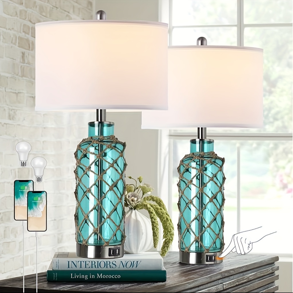 

Cottage Nautical Accent Table Lamp Set Of 2, Green Glass Rope Net Bedside Lamp With 2 Usb , 3-way Dimmable Nightstand Lamps With For Living Room, Bedroom