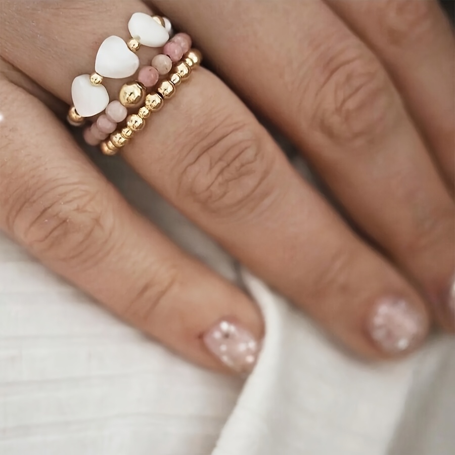 Image of 3pcs Women's Natural Stone, , Stainless Steel Ring Set Handmade Design Elastic Cord Adjustable Finger Ring Easy Temperament Versatile Jewelry Suitable For Festival Wedding Party Wear