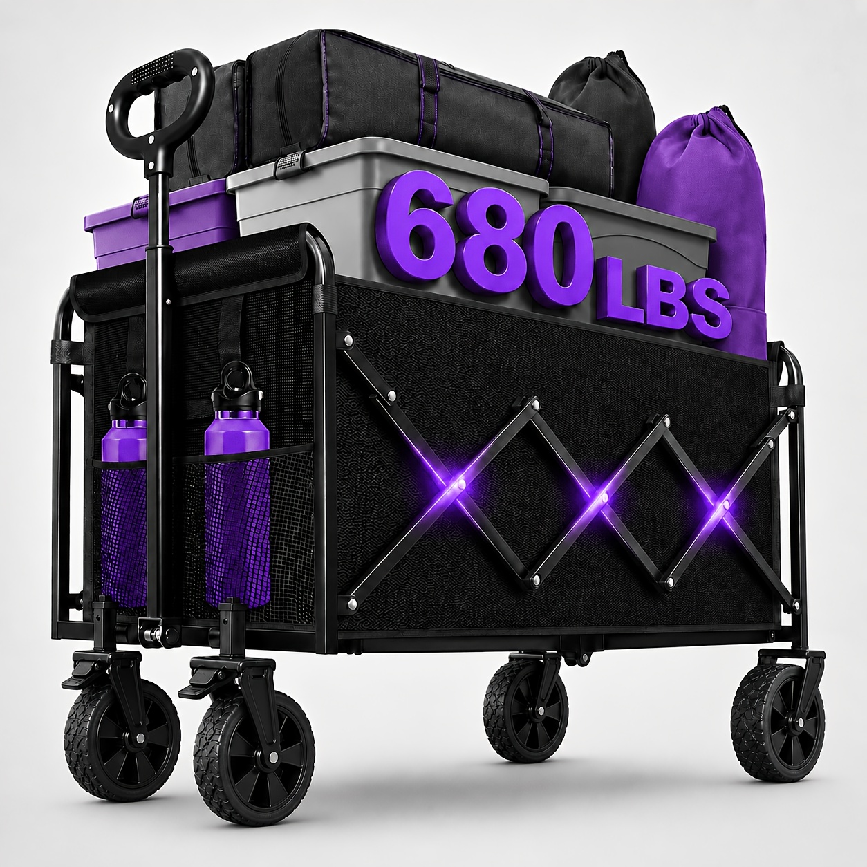 TEMU Extra Long Foldable Wagon Cart, Heavy Duty Beach Cart With Wheels In 680/480/380lbs 3 Load , Portable Outdoor Utility Cart For Grocery Shopping,