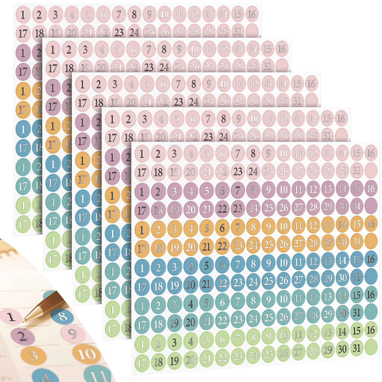 TEMU 5 hojas de 930 pegatinas de puntos redondos con lámina de dátiles para planificadores, pequeños números coloridos, pegatinas decorativas para