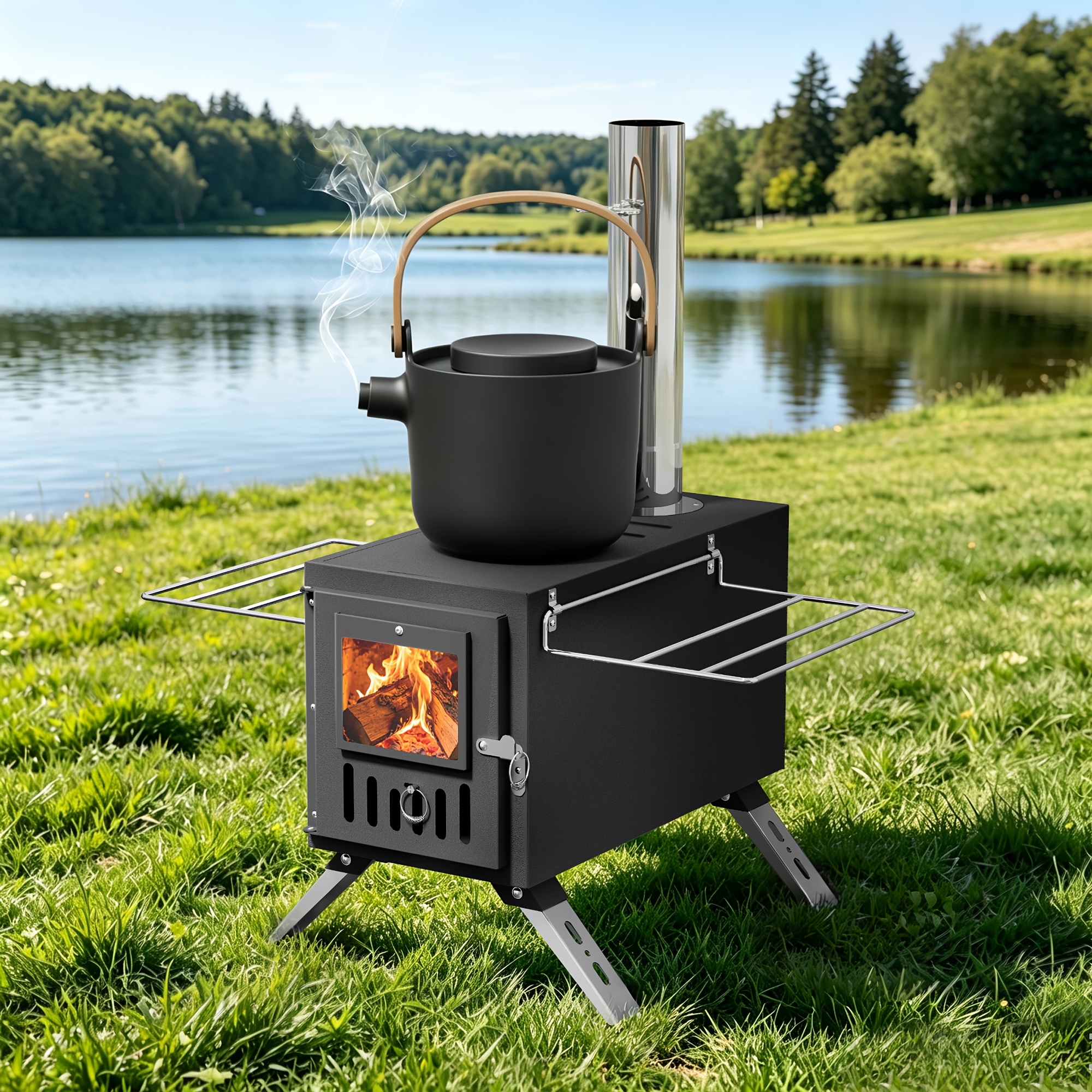 TEMU Camping Hot Tent Stove Heavy Duty Outdoor Wood Burning Heater Stove Portable Wood Stove W/ 6 Chimney Pipes And Ash Tool Scraper For Heating And