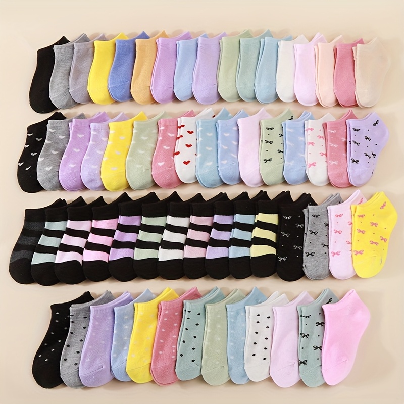 Image of 10/20pairs Children's Short Socks: Candy-colored, Lace Bowknot, Heart Pattern, Striped, Soft, Comfortable, Casual, All-match, Student Ankle Socks - Suitable For Daily Use, Random Mixed Colours