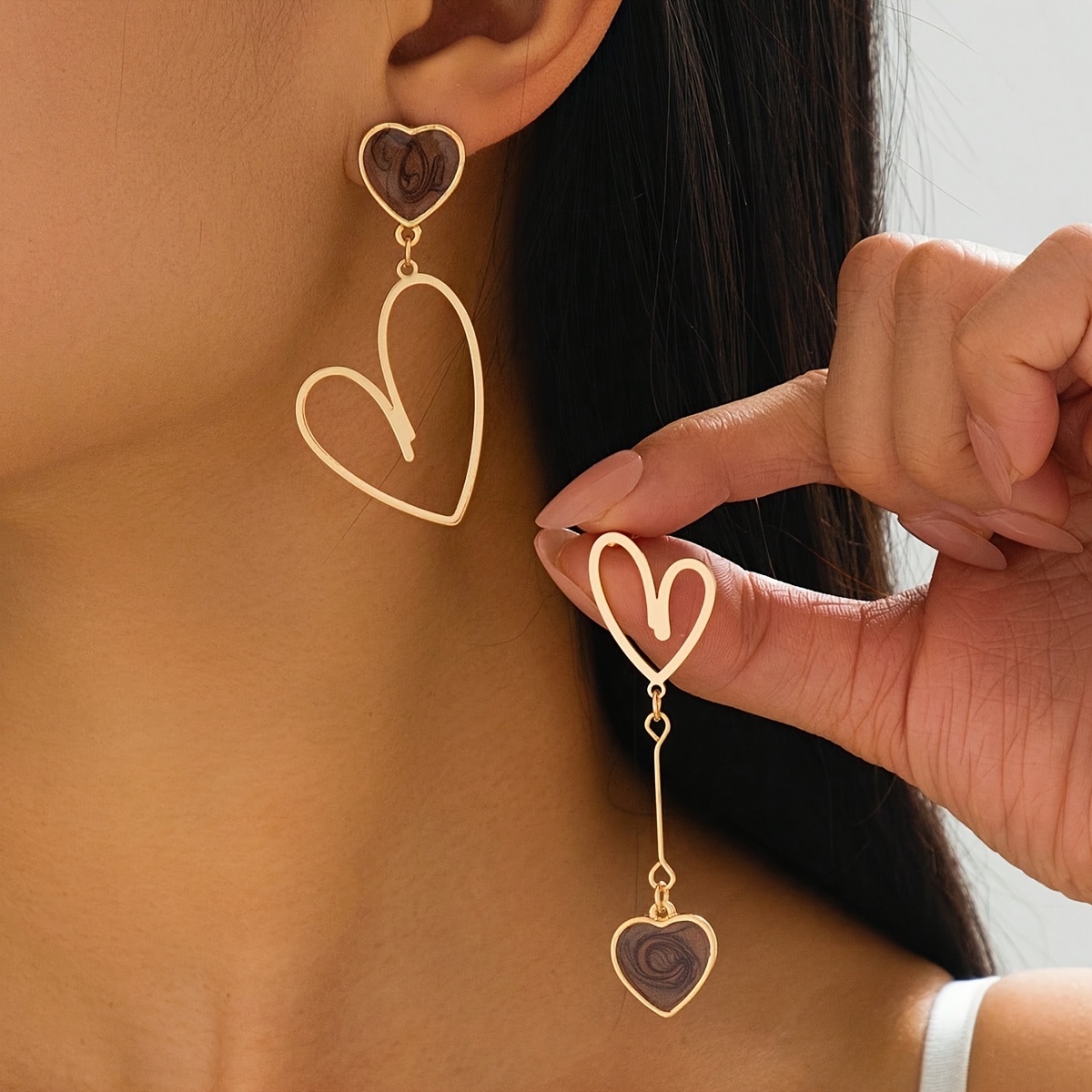 Image of A Pair Of Fashionable Hanging Earrings For Women | Sweet Metal Asymmetrical Handmade Oil Brown Heart Pendant Earrings, Kc Golden Plated, Ideal Valentine's Day Gift For Girlfriend