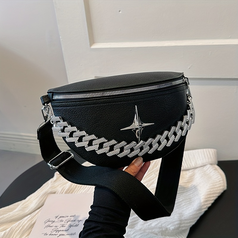 

2024 New Trendy Star Decor Crescent Shoulder Bag, Solid Color Zipper Crossbody Bag With Chain Decor Bum Bag Fanny Pack