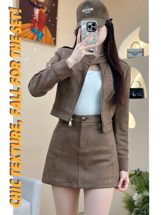 womens motorcycle style sweet cool 2pcs set spring autumn short zip up jacket high waist a line mini skirt   vintage hot streetwear womens fall clothing womens outfit details 1