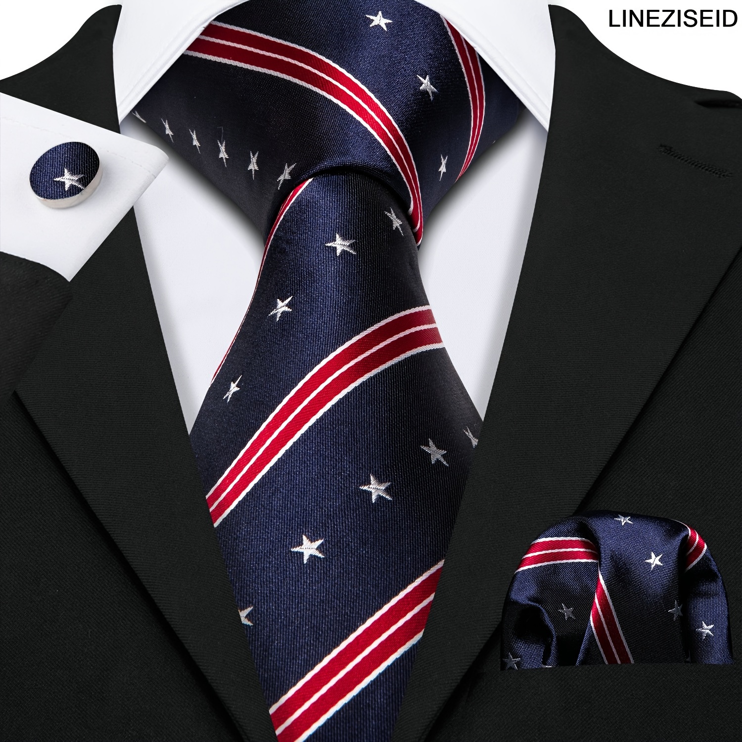 

Lineziseid, American Flag Striped Ties Blue Silk Tie Set For Men, Cufflink Square Necktie