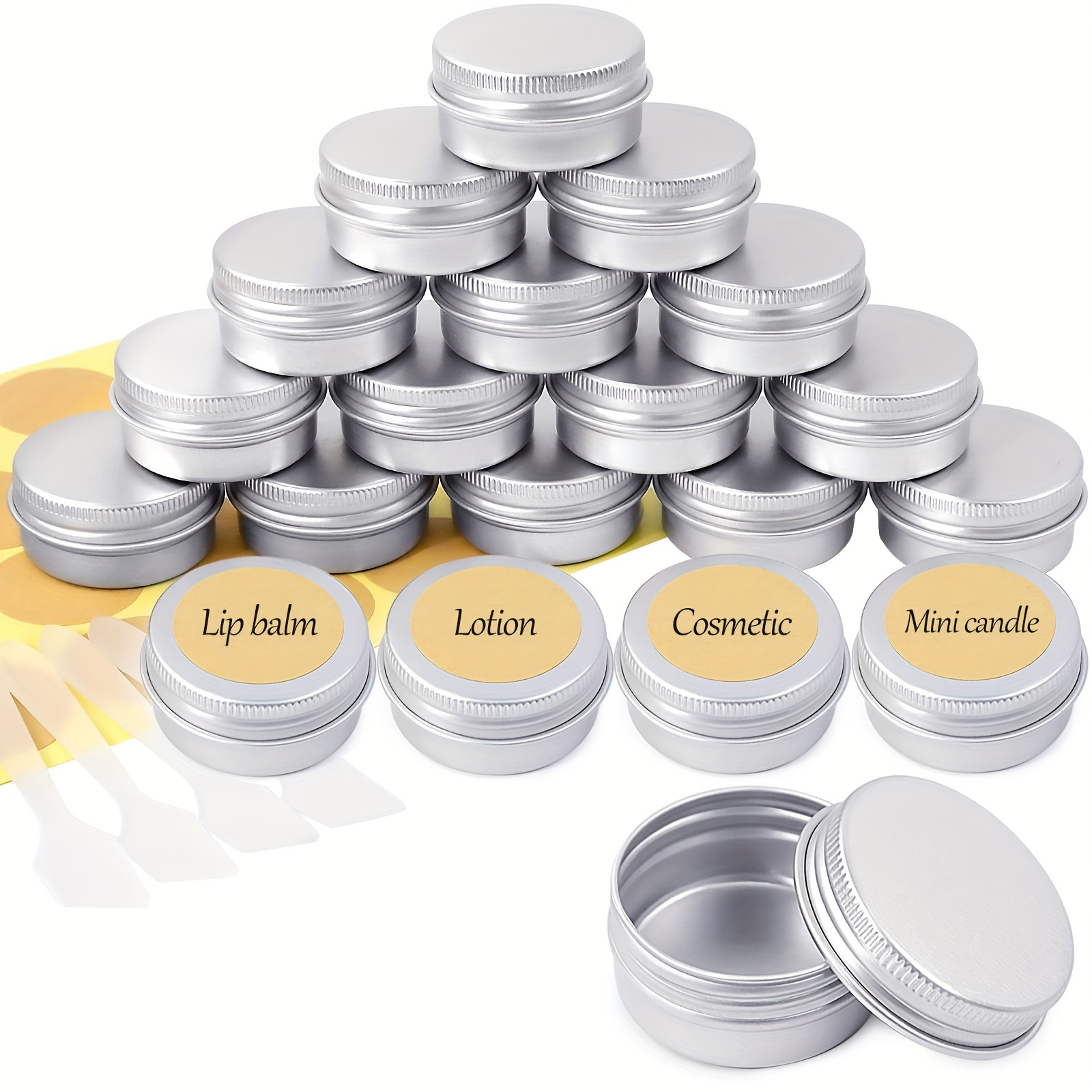 

20-pack Metal Lip Balm Containers Set With 2 Sticker Sheets & 4 Mini Spatulas, 20ml Aluminum Tins For Cosmetics, Lotion, Mini Candles - Durable, Leak-proof, And Unscented