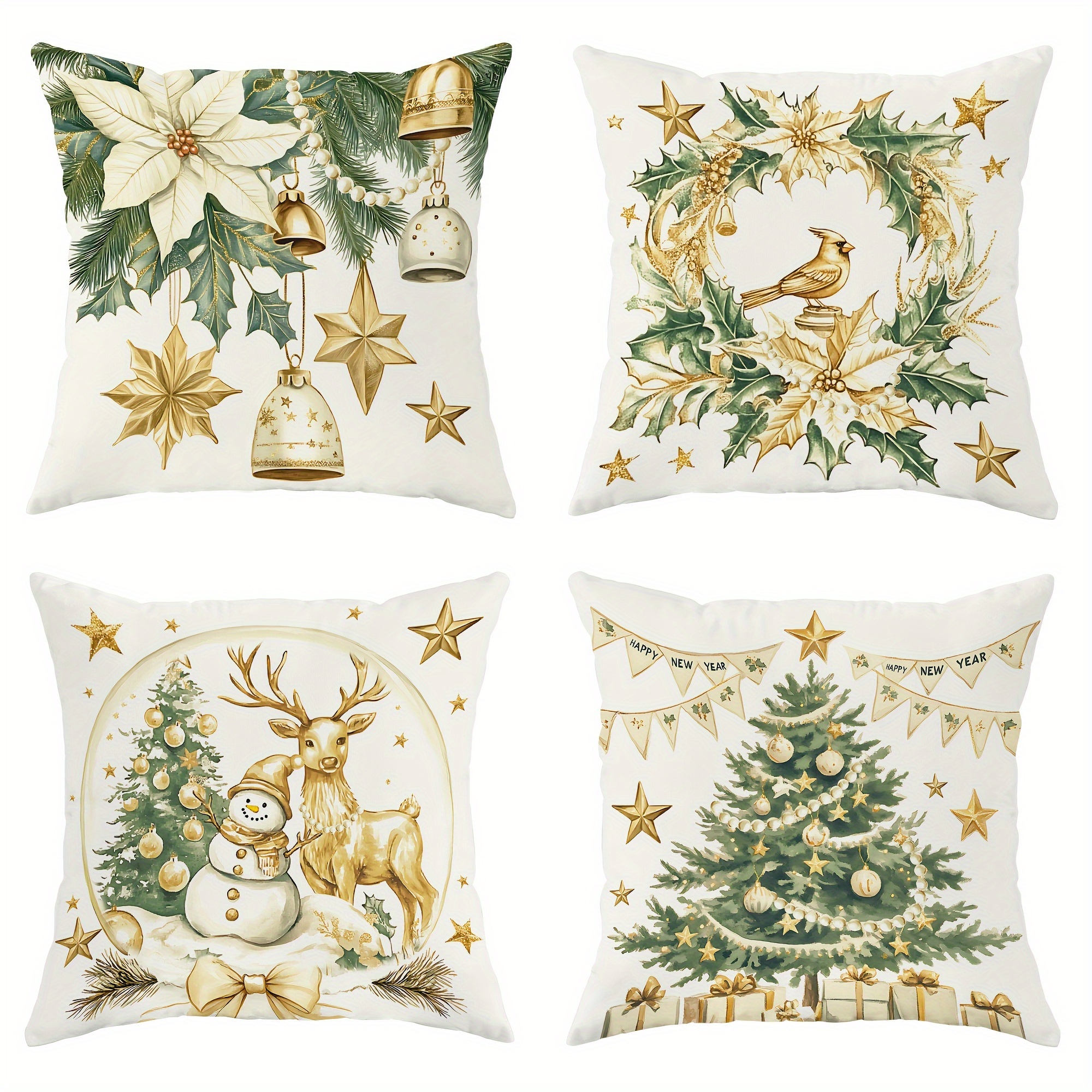 

4pcs Set Vintage Christmas Throw Pillow Covers - Snowman, Deer & Wreath Designs In - Living Room & Bedroom Decor - Machine Washable, Zip Closure - Green & Yellow, Christmas Decor