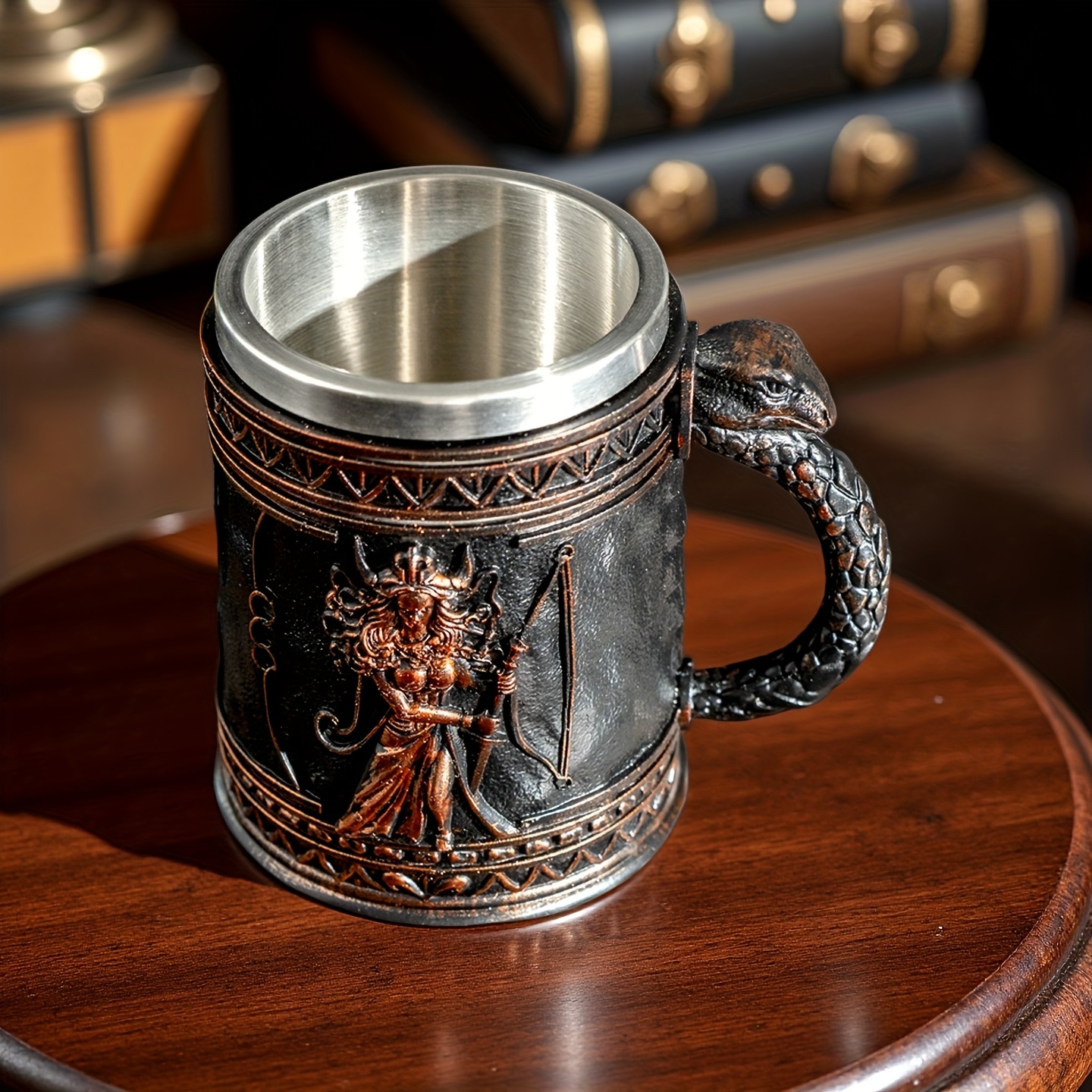 medusa greek mythology stainless steel beer mug with resin accents - insulated non-slip oval cup for coffee, beer & wine - reusable gift for halloween, christmas,  , mother’s day, festive drinkware, medusa design,   material, holiday decor, medusainspired design, hand wash only, themed drinkware, collectors item details 7