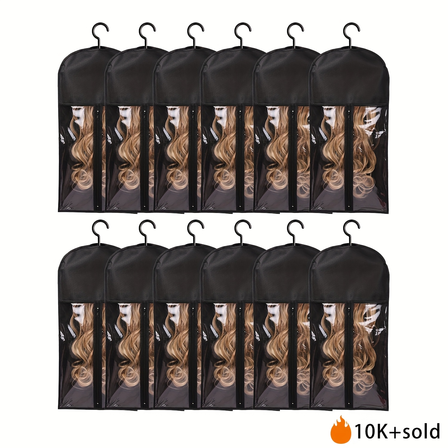 TEMU 12pcs Extra Long Hair Extension Storage Bag Hairpieces Storage Holder With Dust-proof Portable Suit With Transparent Zip Up Closure- Light Weight, Waterproof And Portable (black)