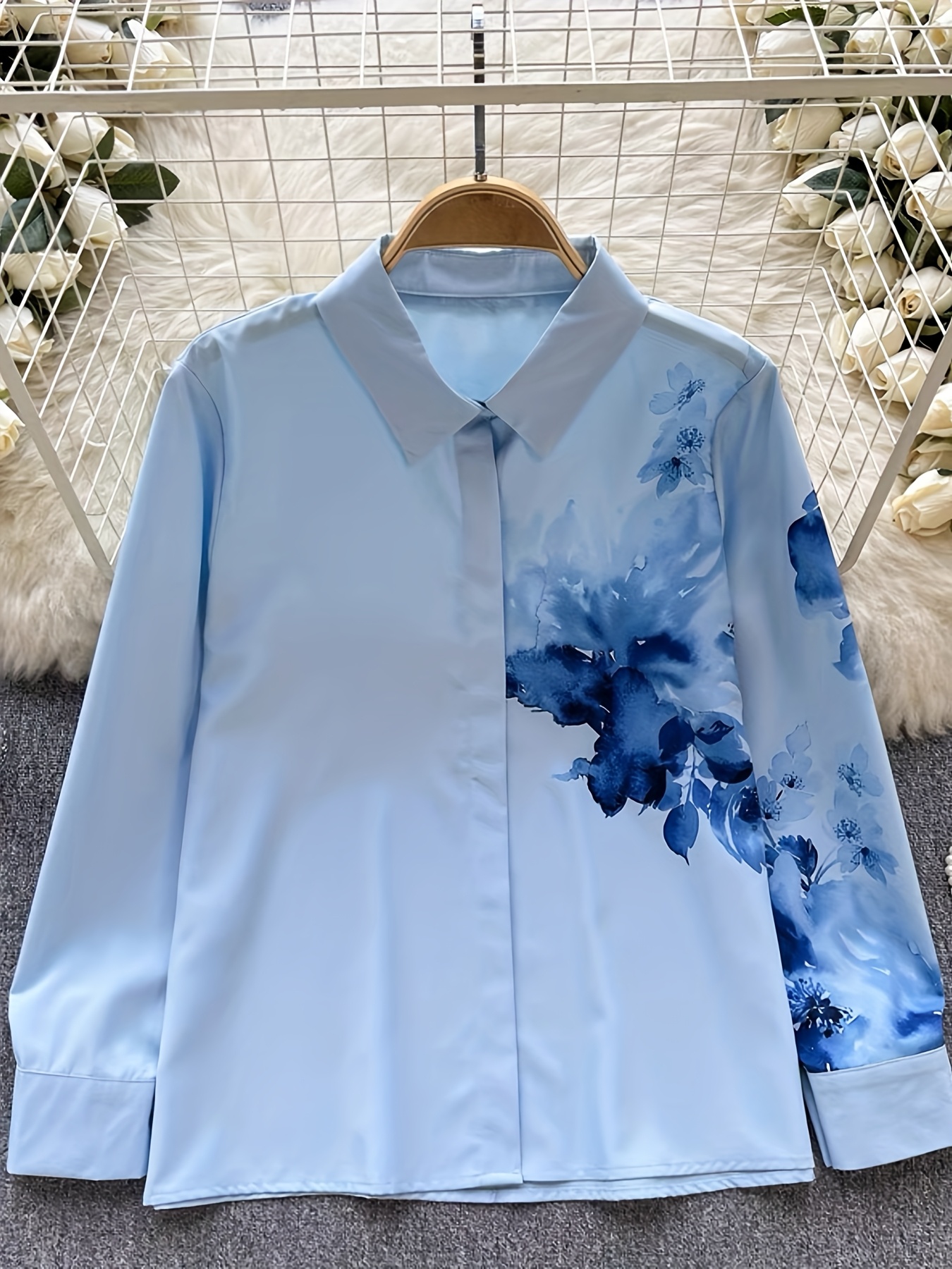 womens elegant oil painting floral print long sleeve shirt