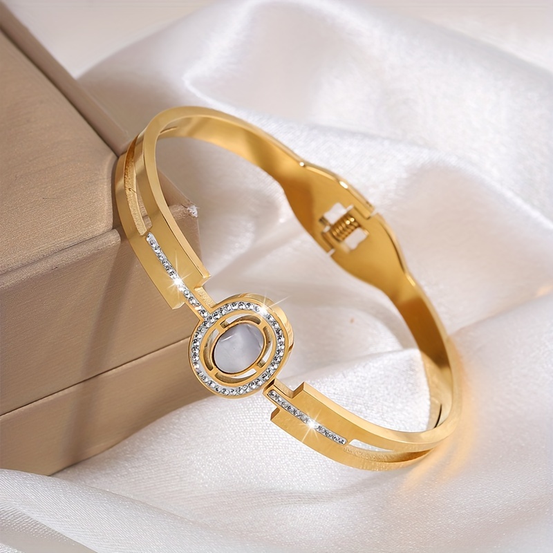 Elegant Stainless Steel Open Cuff Bracelet with Rhinestone Accents - Perfect Gift for Her, Suitable for Casual Attire & Special Occasions details 2