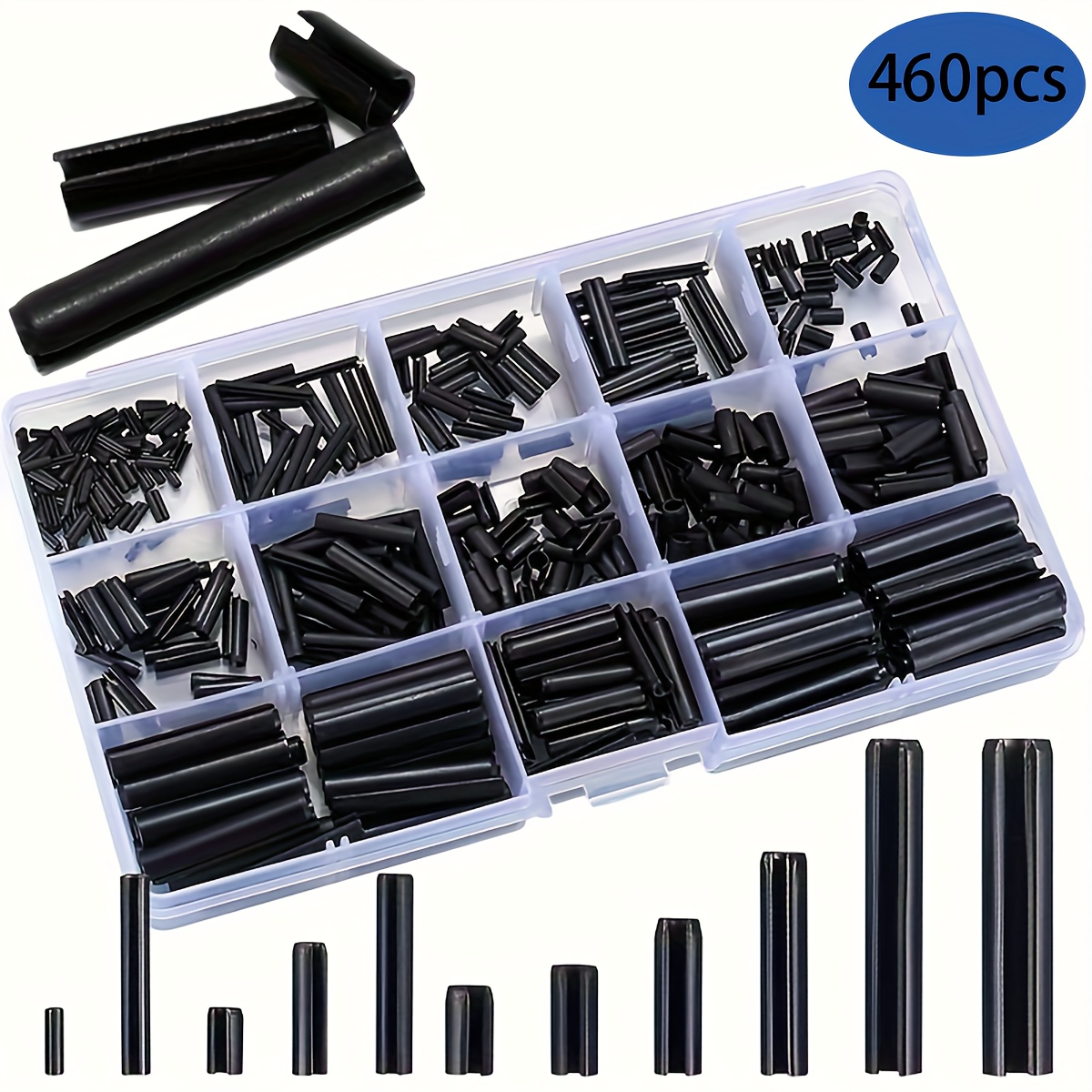 E-shop 460 Stück schwarze elastische zylindrische Spangen, Sprengeleisten und Rollstab-Klassifizierungsset - Schlitzspangen - Federstift-Spannrollen -